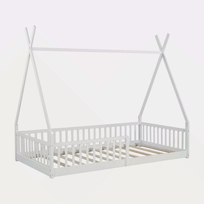 Lit maison en bois avec clôture Kitzie, Blanc