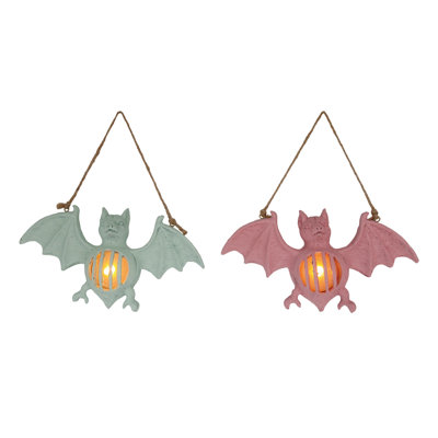 Ensemble de 2 chauves-souris en résine à DEL - art mural effrayant pour Halloween - décor pré-éclairé multicolore à piles - parfait pour une utilisation intérieure, cadeaux et hôtesses - Décoration murale en résine unique pour votre maison