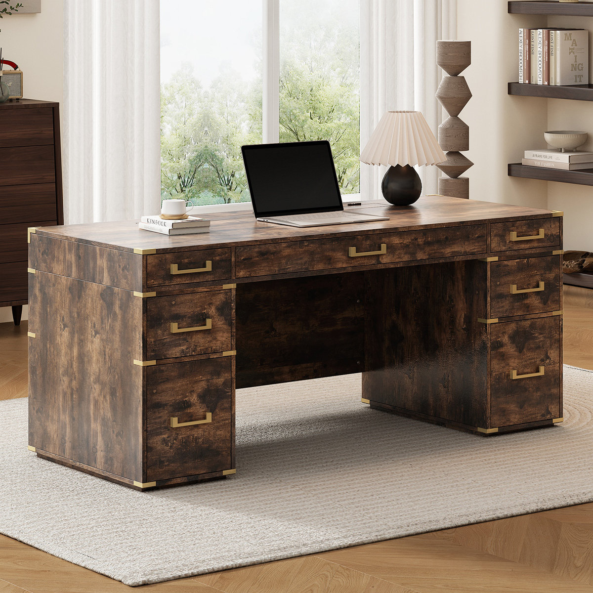 17 Stories Classic and Traditional Executive Desk with Metal Edge Trim ...