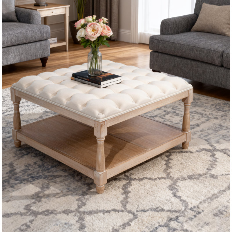 33-Inch Large Square Ottoman Coffee Tables For Living Room, Tufted Upholstered Linen Ottoman With Storage Shelf And Solid Legs For Office Bedroom Farmhouse (Beige)