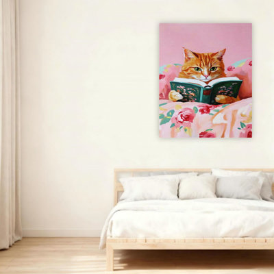 Cat Reading Books Unframed Canvas Wall Art  24" X 36"