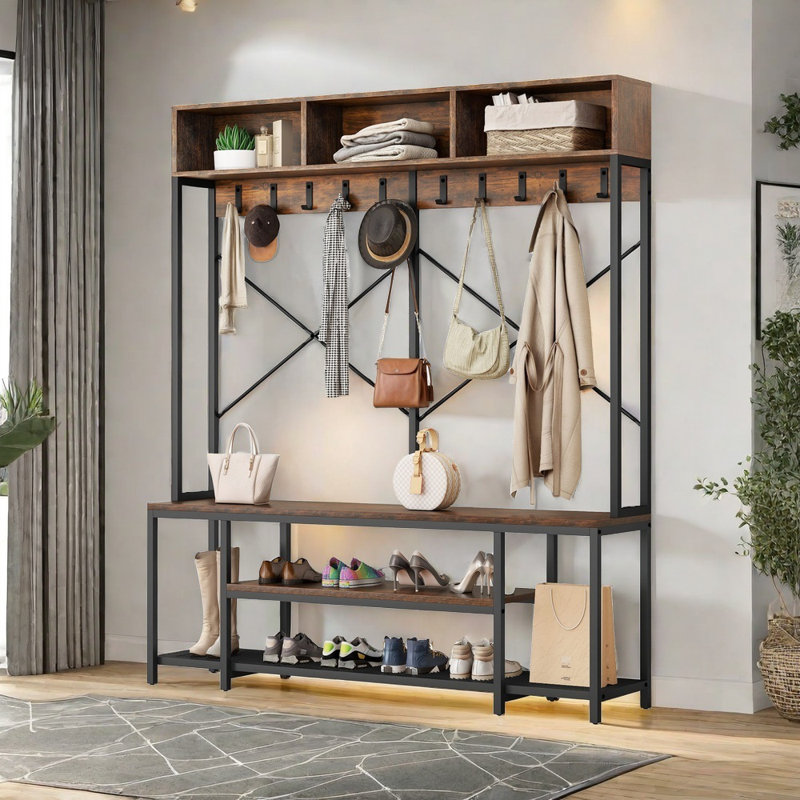 Tollison Hall Tree 59'' Wide with Bench and Shoe Storage, Black/Brown