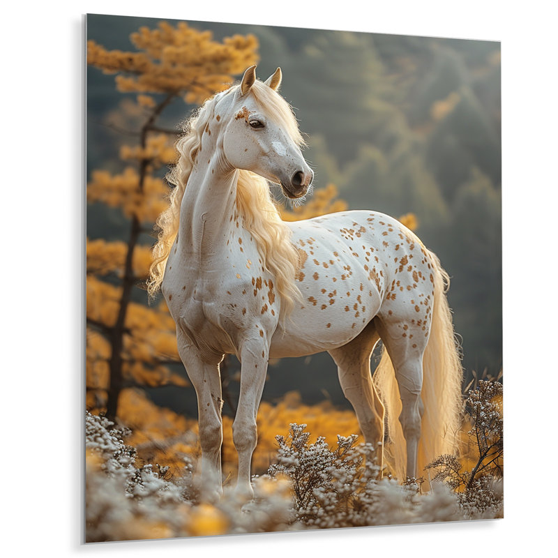Majestic White Horse Autumn Forest Sunset - cheval, reproduction d'art murale, Sans cadre, métal, H 20 po x l 12 po