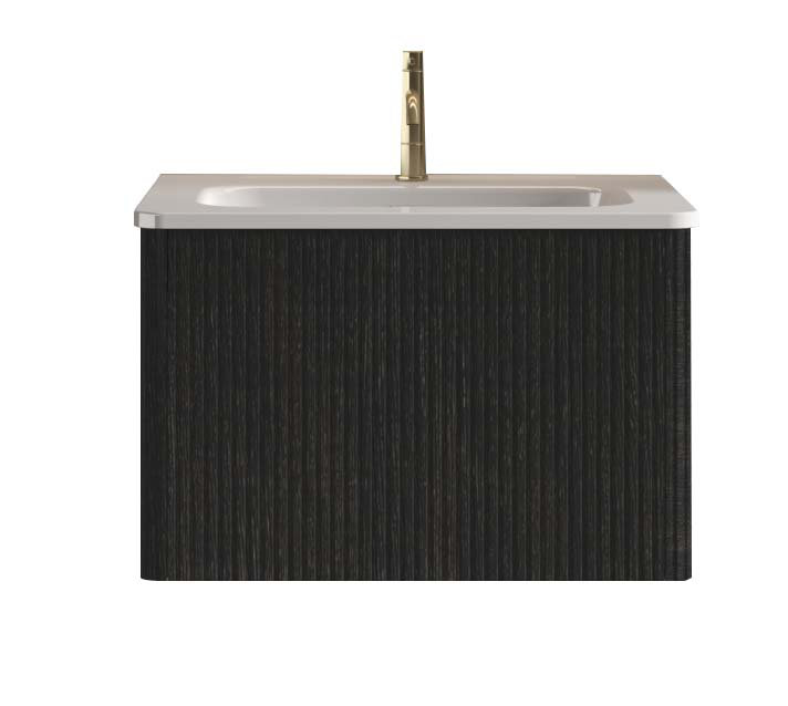 Meuble-lavabo flottant rayé en chêne noir brossé de 24 po avec lavabo en céramique blanche, meuble-lavabo une pièce sans drain, pré-assemblé