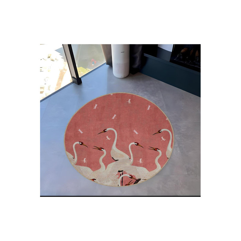 Tapis rond tissé à la machine à motif de cigogne lavable à la machine, Sous-tapis rond 3 pi 11 po inclus