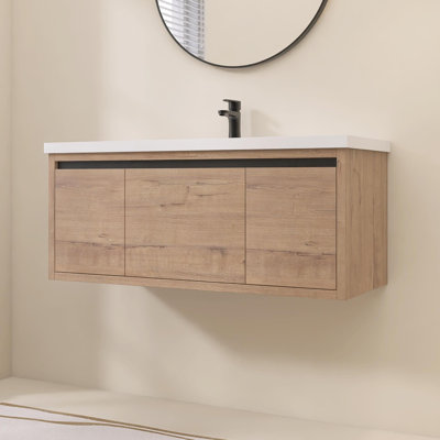 Meuble-lavabo mural simple 48 po avec comptoir en résine, portes à fermeture douce et tiroir