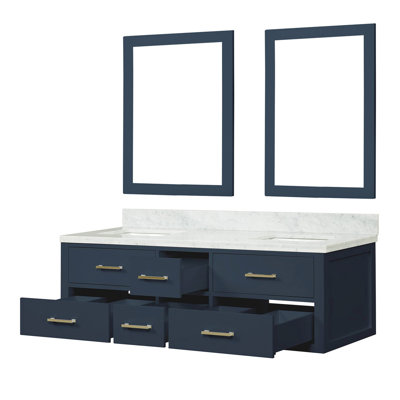 Meuble-lavabo double bleu l 60 po x P 22 po, comptoir en marbre de Carrare et miroirs 28 po