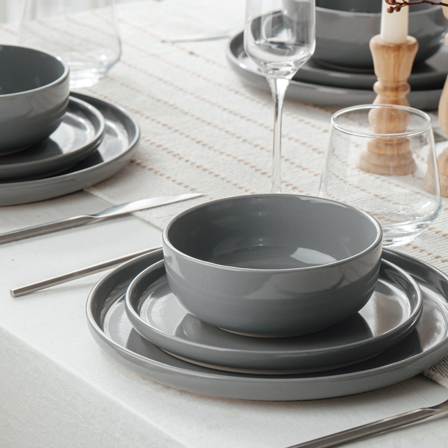 12 Piece Dinnerware Set - Service for 4, Dark Gray