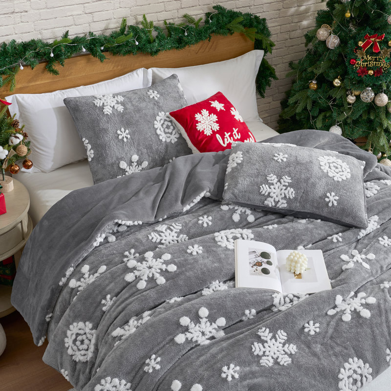 Ensemble de literie 3 pièces Christmas Vibe, Motifs géométriques gris, Édredon grand + 2 taies d'oreiller standard