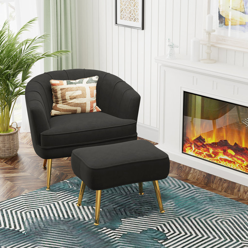 Latonia Upholstered Barrel Chair with Ottoman, Black Velvet