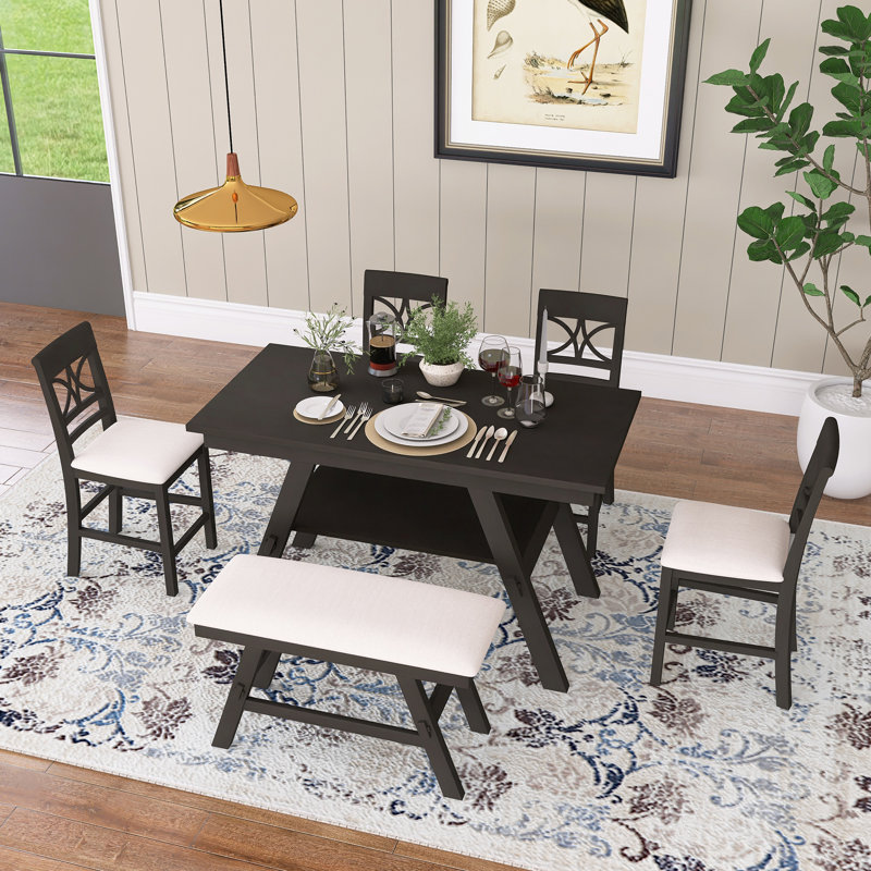 Ensemble de table de salle à manger à hauteur de comptoir 6 pièces en bois de style rustique avec tablette de rangement, 1 banc et 4 chaises, facile à assembler
