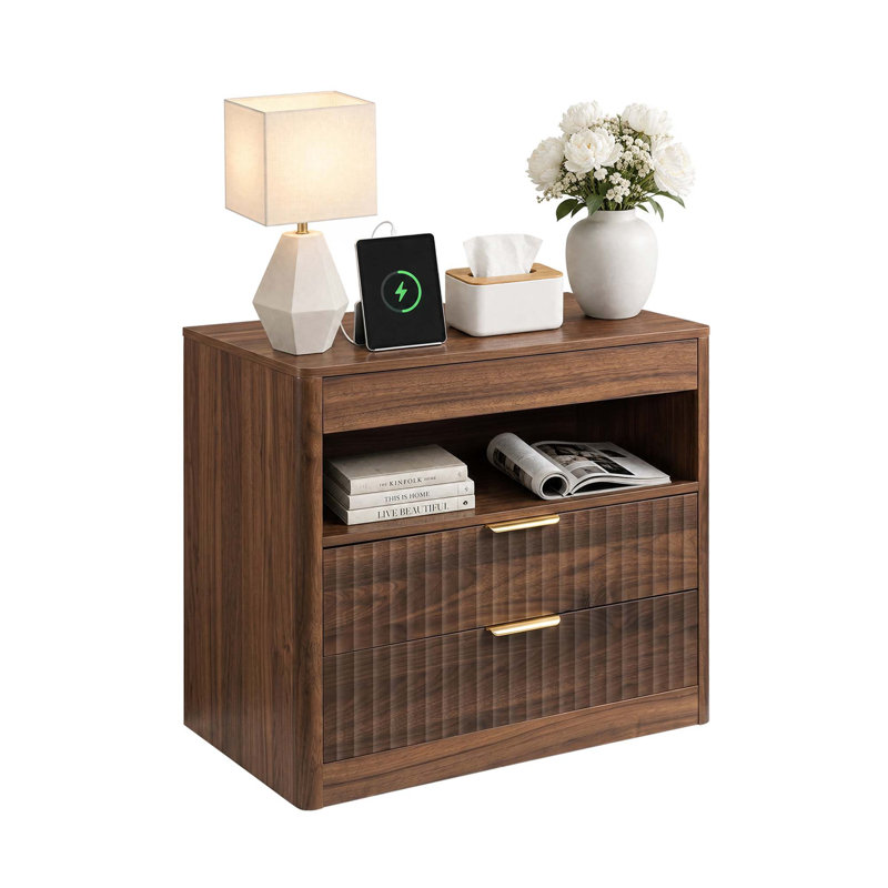 2-Drawer Nightstand with Hidden Outlet and Pull-Out Shelf