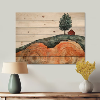 Bold Red Barn In Farm Landscape In Autumn II - Barn Wood Wall Art - On Natural Pine Wood