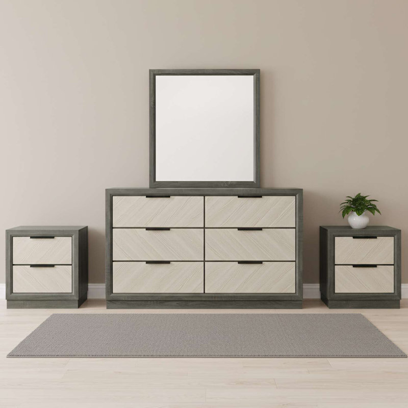 Ensemble de chambre à coucher 4 pièces Visalia - Commode et miroir avec 2 tables de chevet