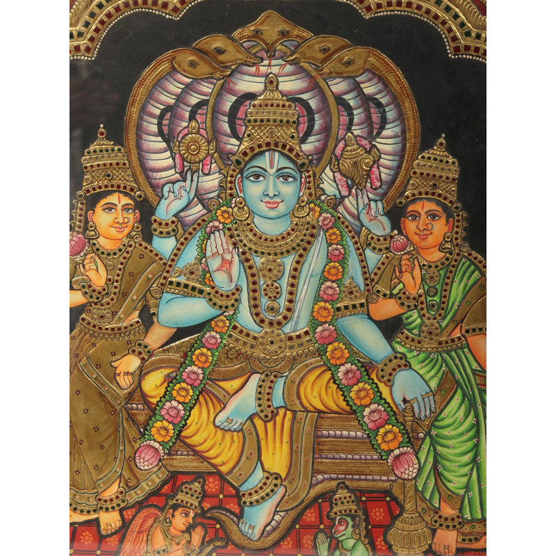 Peinture traditionnelle traditionnelle de Tanjore - Vishnu avec déesses, art mural encadré, travail spirituel indien en or 24 carats, 27,2 po x 21,2 po