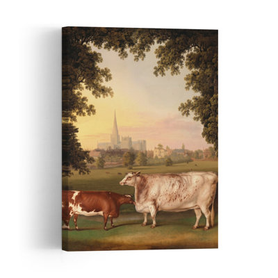 Cows And Cathedral View Peaceful Tranquil Abstract Cow City Landscape Wall Art Print 1 Piece Wrapped Canvas Wall Art
