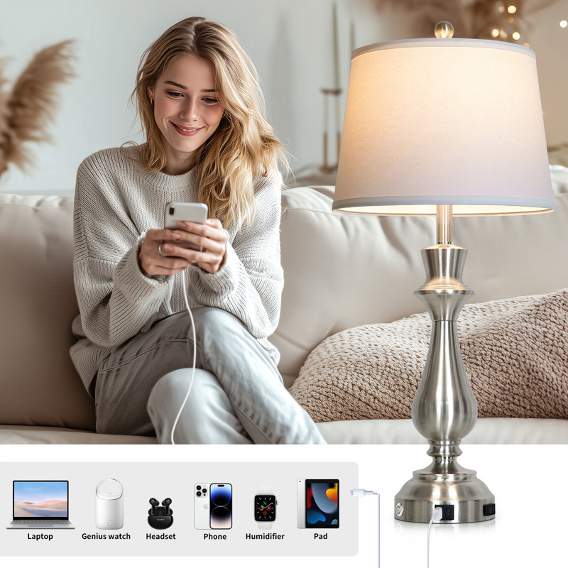 30” Tall Table Lamps with USB & Type-C Ports, Touch Control, LED Bulbs Included, Sliver