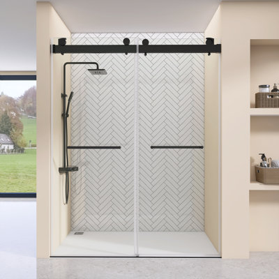 Shower Doors 69'' - 72'' W x 79'' H Double Sliding Frameless Shower Door with Clear Tempered Glass