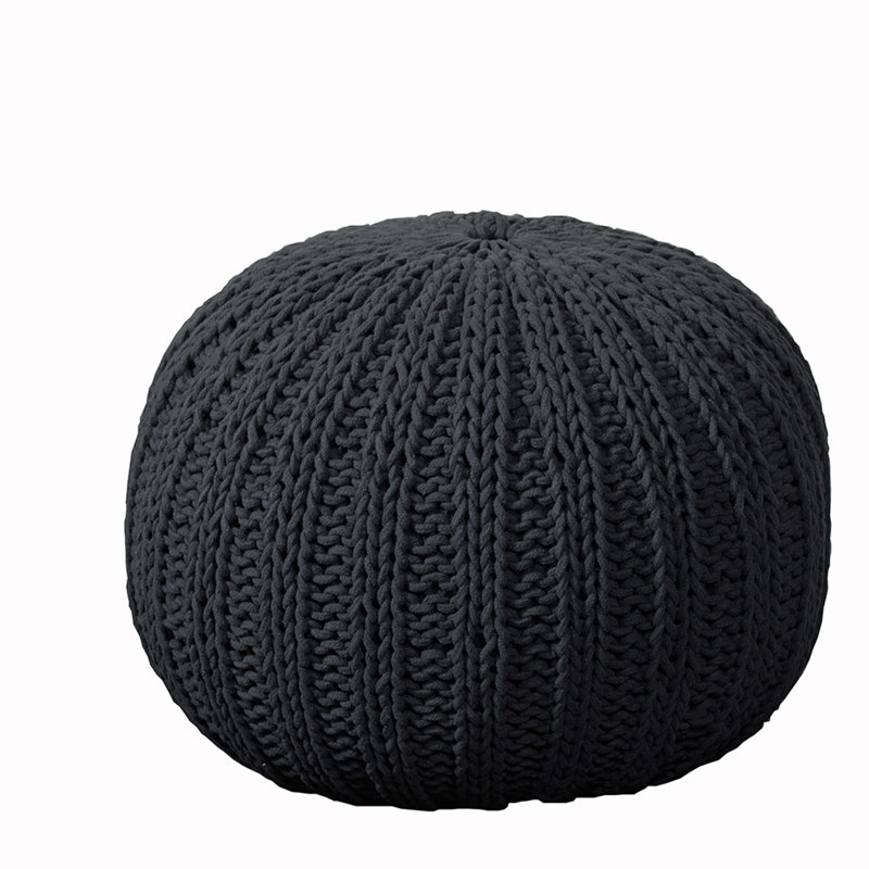 20" Beige Cotton Round Pouf Ottoman, Black