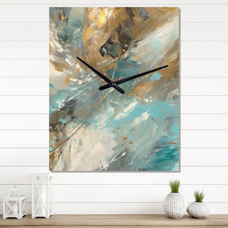 Golden Hour In Turquoise Waves I - Peinture abstraite horloge murale moderne, H 40 po x l 30 po x P 1 po