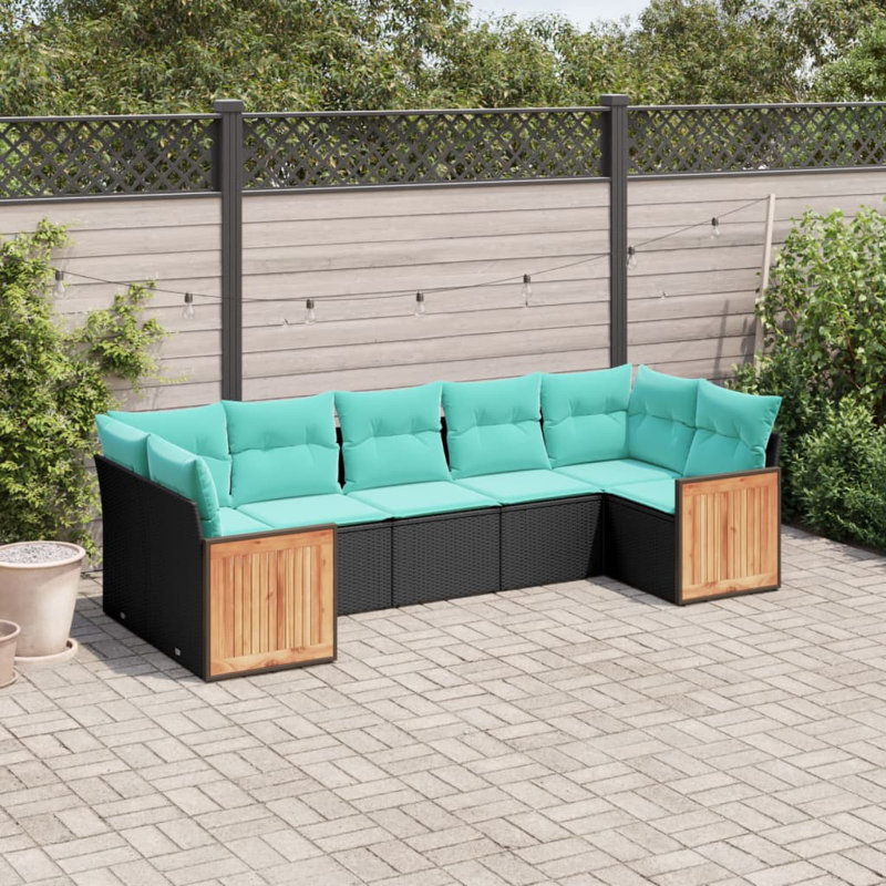  Ensemble de canapé de patio 7 pièces avec coussins en rotin de polyester noir