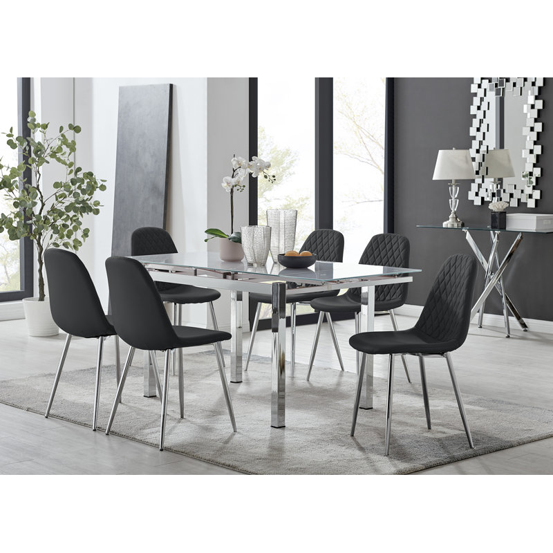 Tierra Modern Glass & Metal Extendable Dining Table Set & 6 Luxury Faux Leather Dining Chairs, Black/Chrome