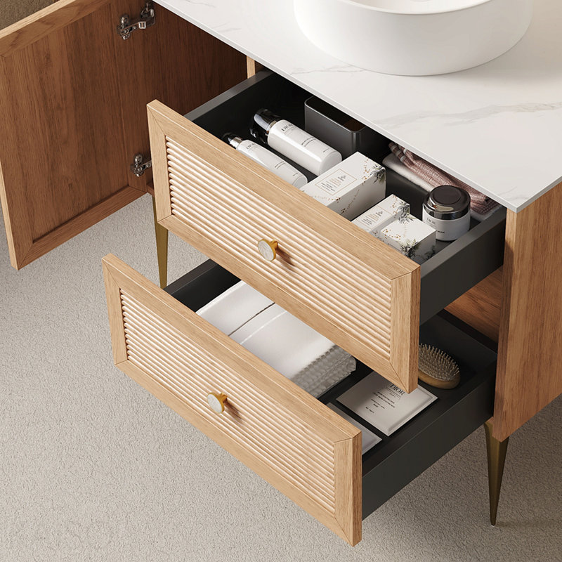 36" Freestanding Bathroom Light Oak Woodgrain Plywood Cabinet With Carrara White Sintered Stone Counter Top, Two Drawers And One Door, No Basin, No Faucet And Sink Cover