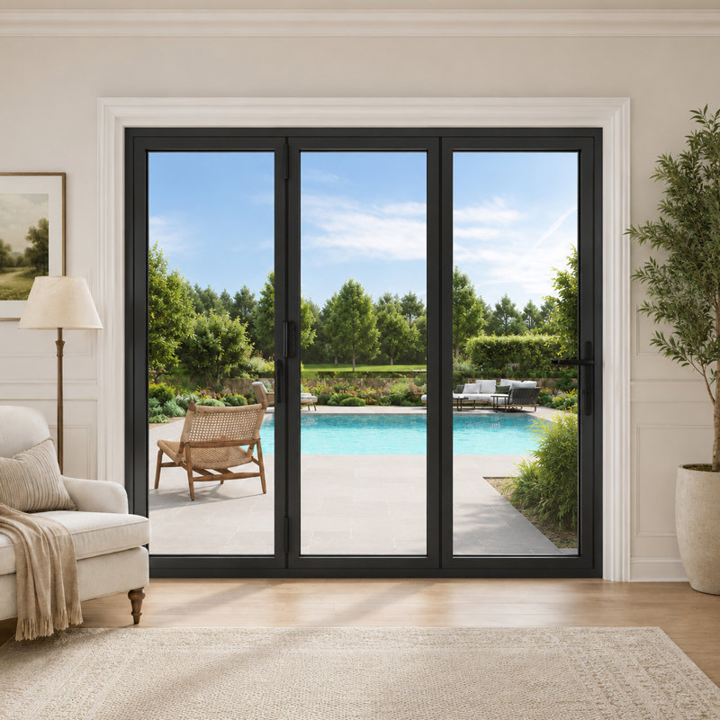 108 po X P 80 po H Porte de patio pliante en aluminium noir à double verre trempé H 3 + 0, H 80 po x l 108 po