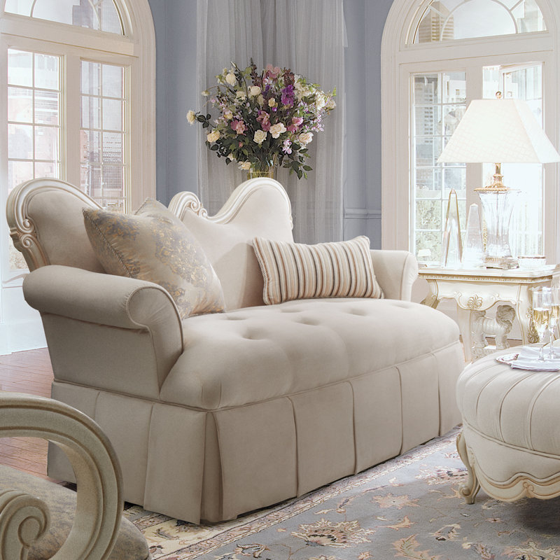 Ivory Velvet Tufted Settee with Classic Pearl Wood Frame