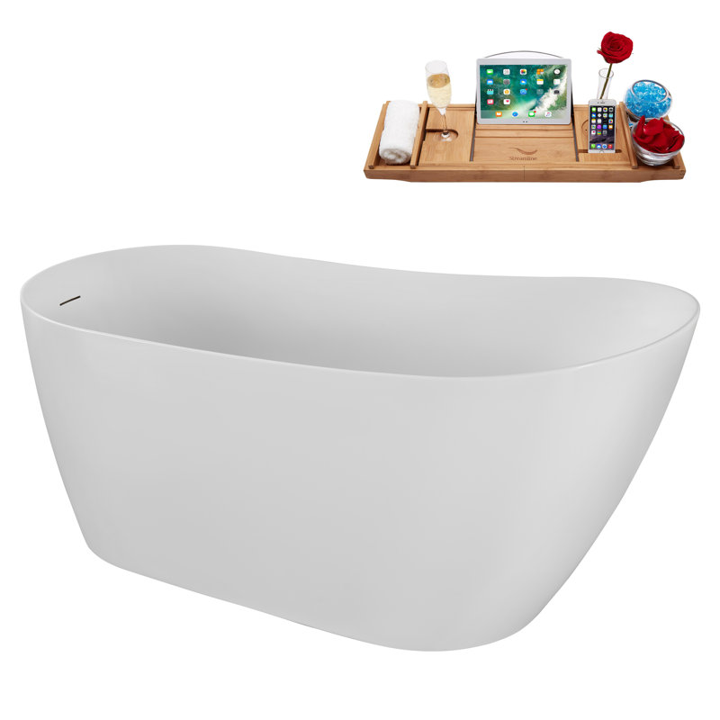 59" Streamline Soaking Acrylic Freestanding Bathtub, Bamboo Tray, Drain, Brushed Brass