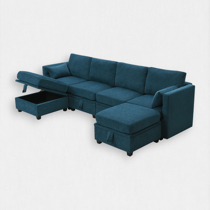 Canapé modulaire 6 pièces rembourré, Chenille bleu