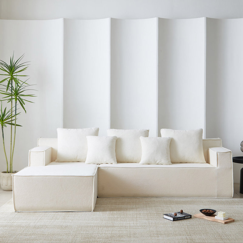 Canapé modulaire sans assemblage 2 pièces avec méridienne en L Boneless Rushford, Molleton blanc corail
