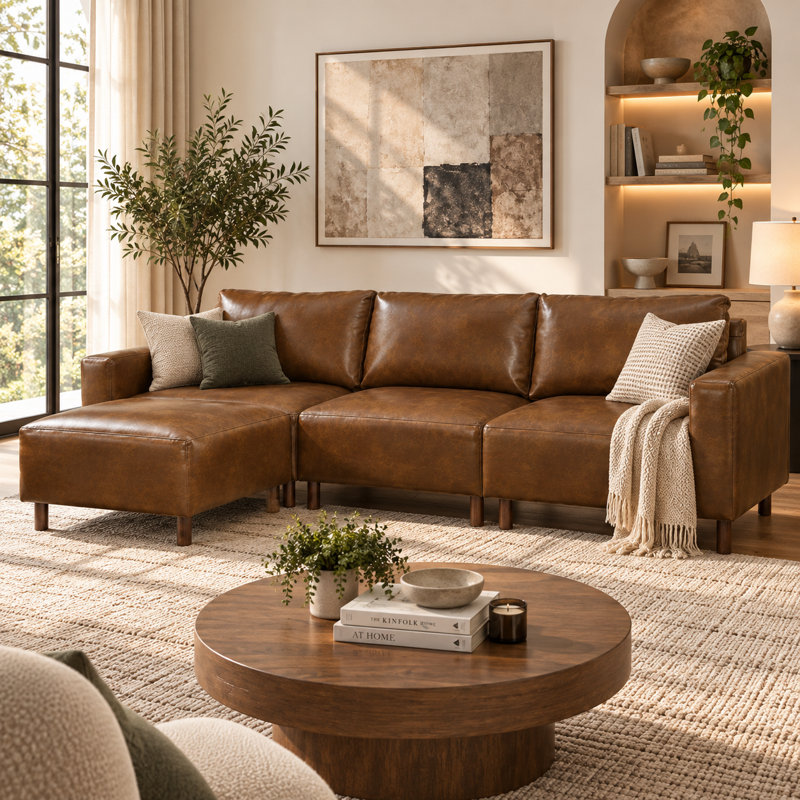 Canapé d'angle modulaire moderne en forme de U, revêtement en similicuir, 2 poufs amovibles et pieds en bois massif, brun