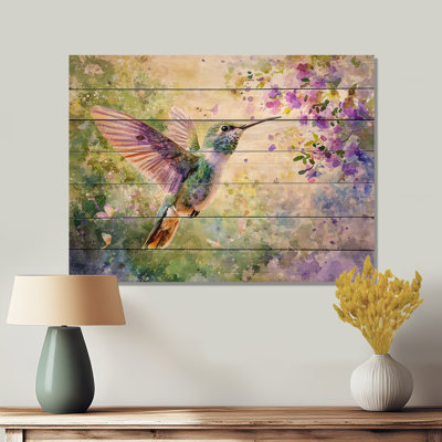 Hummingbirds Curious Meadows II - Hummingbird Animal Wood Wall Decor On Natural Pine Wood