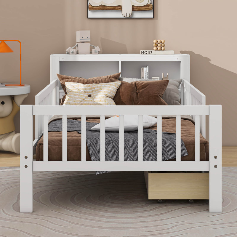 Structure de lit simple en bois avec deux tiroirs de rangement sous le lit et une barrière de sécurité à trois côtés, Blanc