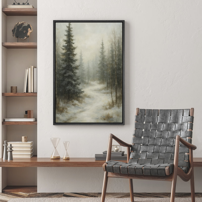 «Winter Forest Path with Snow and Evergreen Trees», reproduction d'art sur toile encadrée, H 36 po x l 24 po x P 1,5 po, Noir