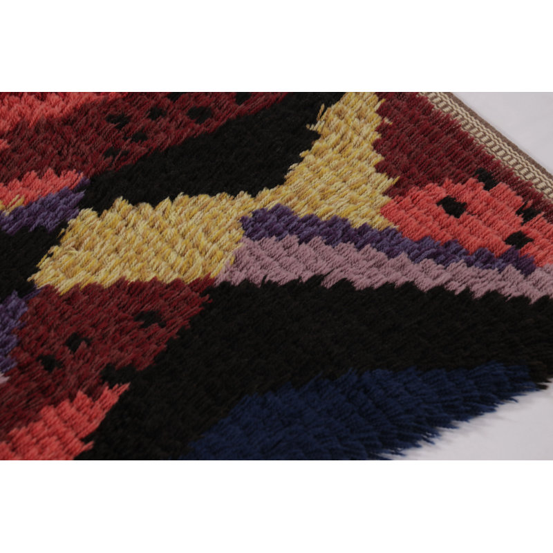 Vintage Swedish Rya Rug, Black With Radiating Geometric Abstract - Rug & Kilim