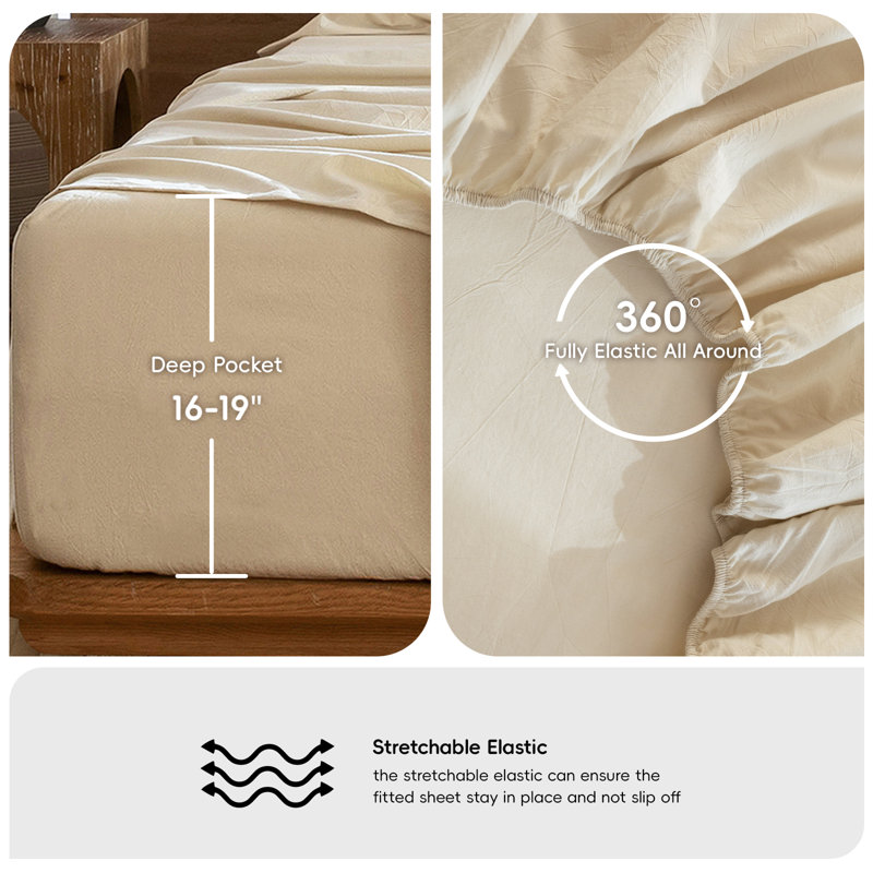 100% Washed Cotton Sheet Set Extra Deep Pocket Linen Like Textured, Almond Milk Grey, King Sheet Set with 2 Pillowcases