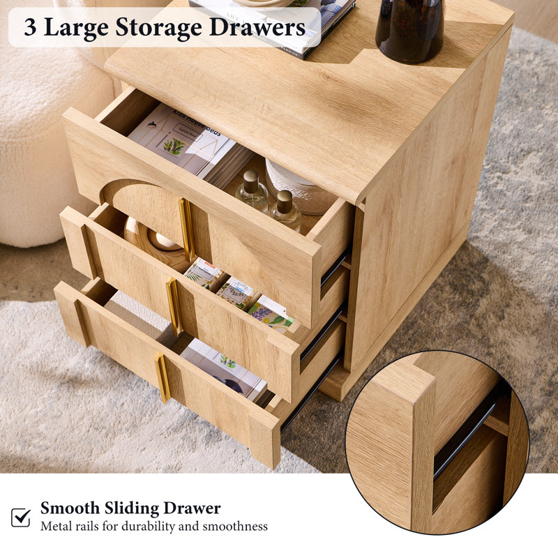 18'' W Modern Nightstand with Charging Station, Wood Square Bedside with 3 Large Drawers, Natural Oak
