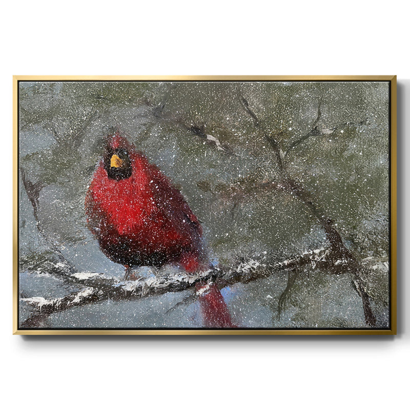 «Cardinal in Snow», toile tendue avec châssis en I, H 25 po x l 37 po x P 1,5 po, Cadre flottant doré
