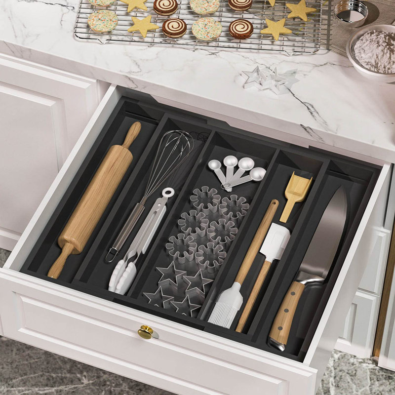 Rangement à ustensiles de cuisine pour ustensiles de cuisine - Range-couverts en bambou à 5 fentes extensible (noir)