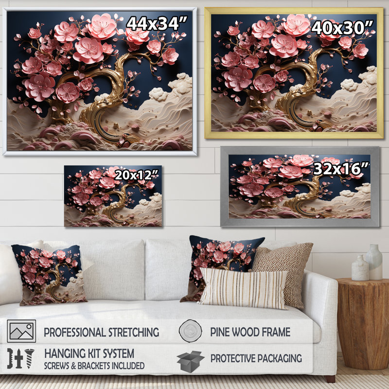 Orchidée bleue et rose, branches d'arbre I - art mural arbre, Cadre d'angle fermé noir, H 16 po x l 32 po x P 1 po