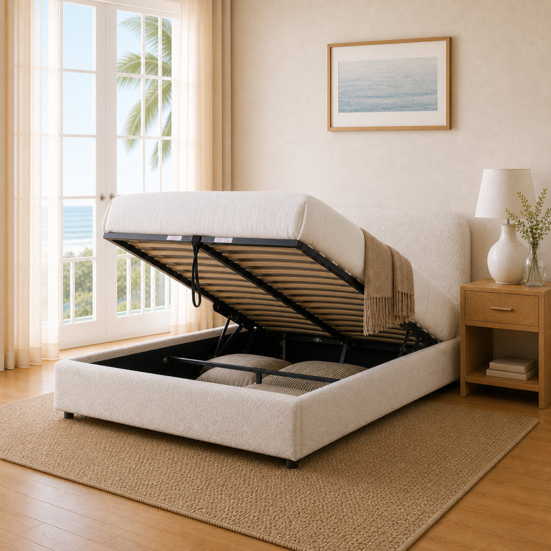 Lit de rangement relevable hydraulique, cadre de lit plateforme tapissier double, crème, lin, Full, Cream