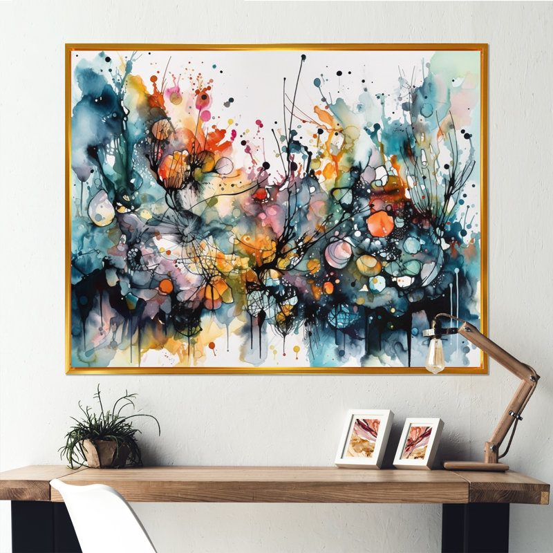 «Boho Dance II» captivant - art mural abstrait pour le salon, H 30 po x l 40 po, Reproduction avec cadre flottant, Gold