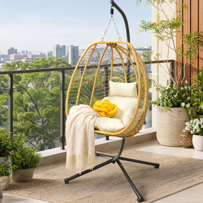 Yellow PE Rattan Hanging Egg Chair with Stand and Cushions