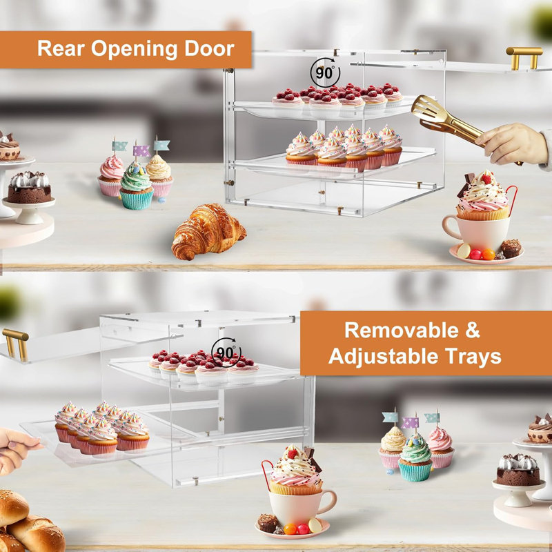 Pastry Display Case, Cookie Display Case 2 Tray Commercial Countertop Bakery Display Case With Front Doors, Acrylic Pastry Case For Exquisite Dessert Display, Cookie Display