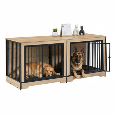 Extra Large Wooden Dog Crate Furniture with Double Compartments & Removable Trays, Console Table Style Dog House