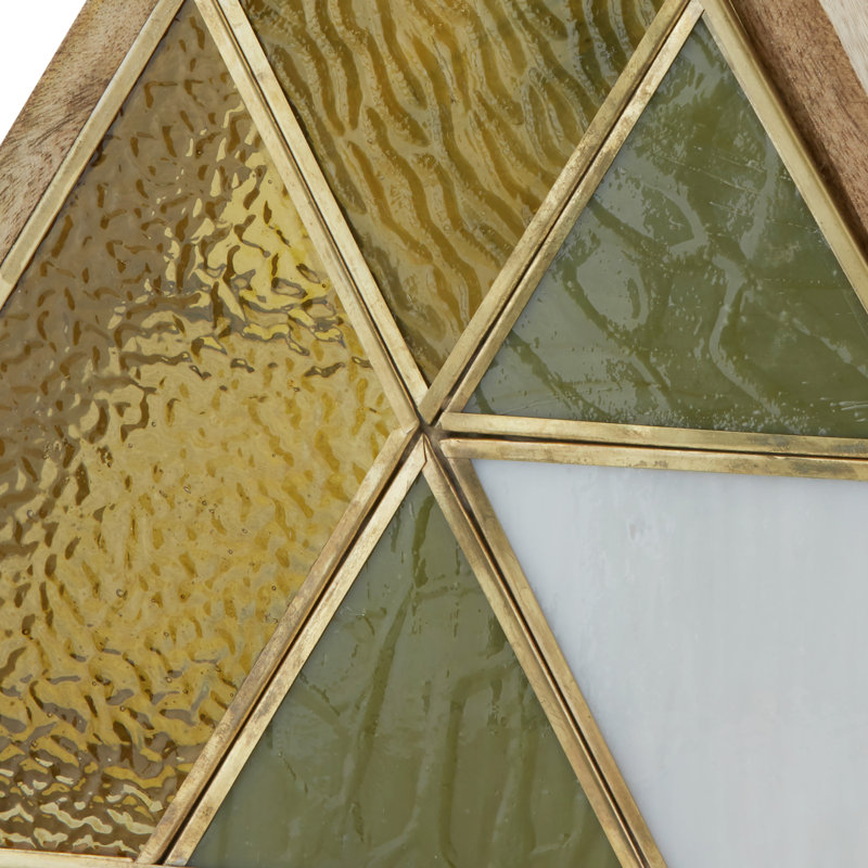 11" H Stained Glass Triangle Shade Wood Base Accent Lamp - Bungalow Rose, Gold