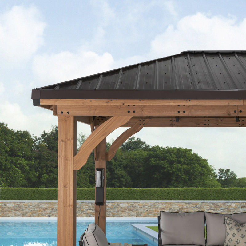 Backyard Discovery Barrington 12' x 12' Cedar Wood Outdoor Patio Gazebo with Hardtop Galvanized Steel Hip Roof and PowerPort