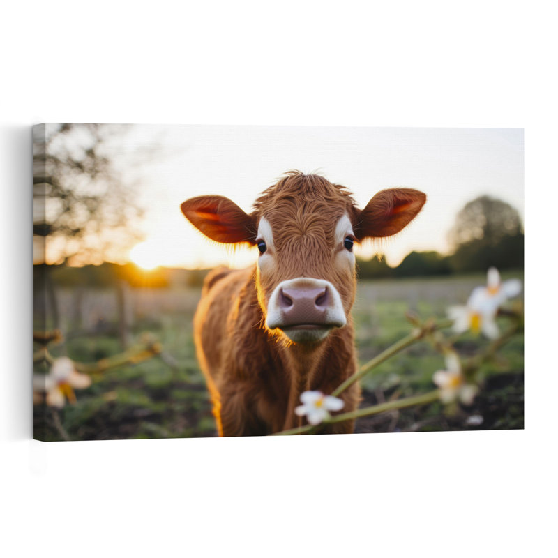 Vache au lever du soleil - Tableau abstrait contemporain de paysage floral, H 40 po x l 60 po